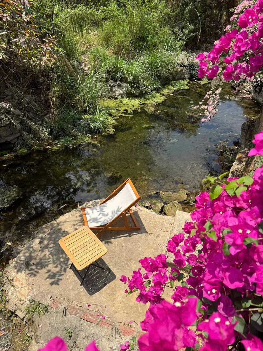 Suối đầu nguồn chảy quanh A Tủn Homestay, ghế nằm và bàn trà bên bờ (1/6)